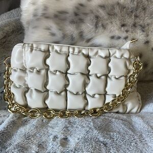 PIECES | Off White | Puff Stitched | Gold Faux Accessory Chain| Clutch| Handbag